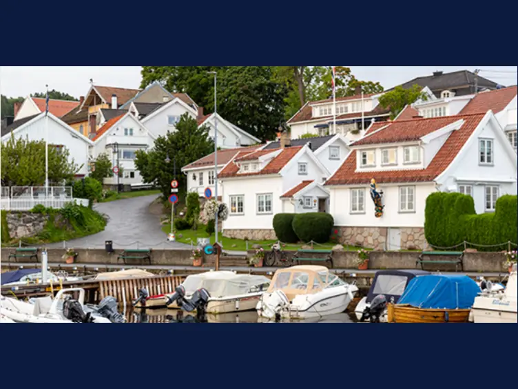 Drøbak waterfront with white timber houses and harbour, Oslofjord