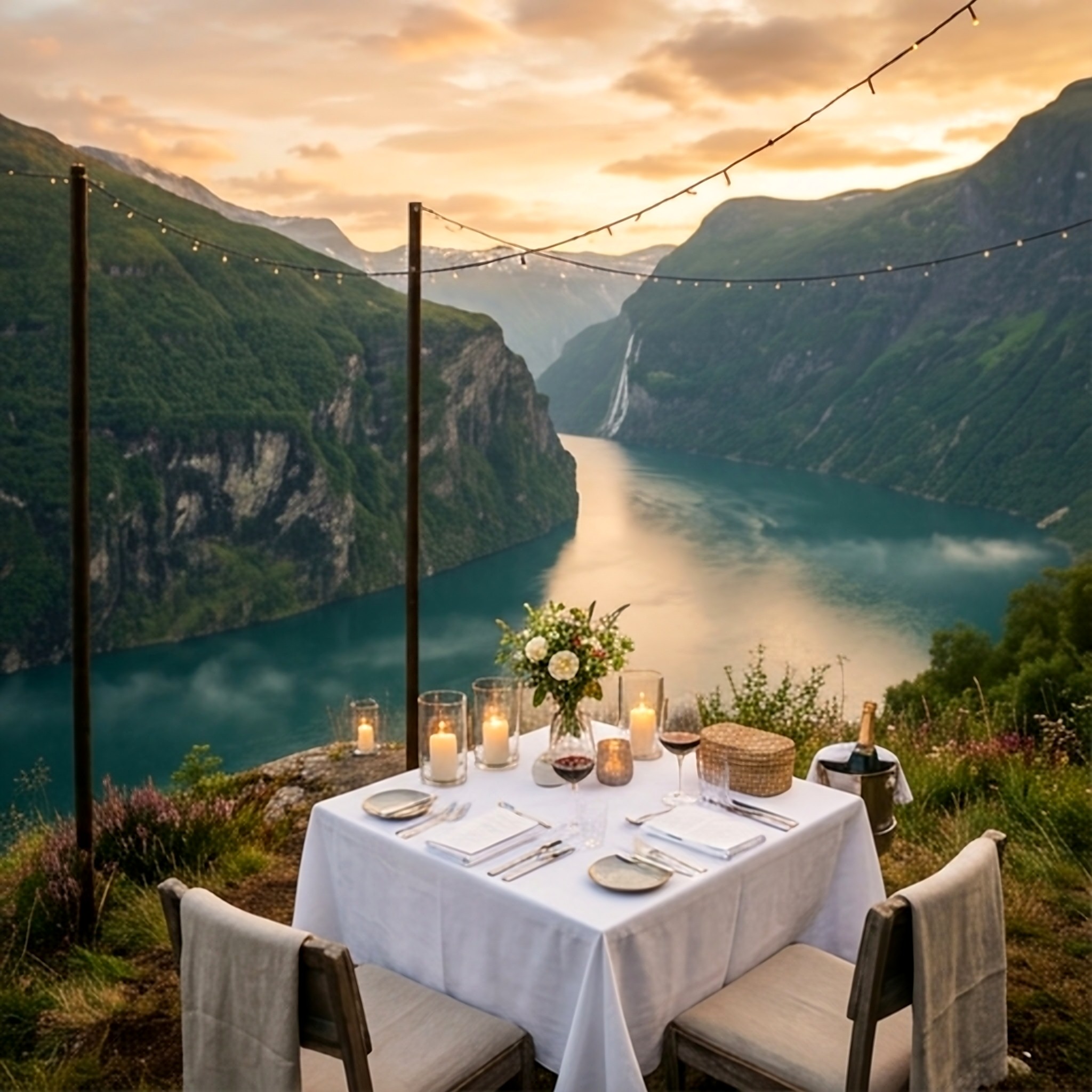 Private celebration dinner table above a Norwegian fjord at sunset