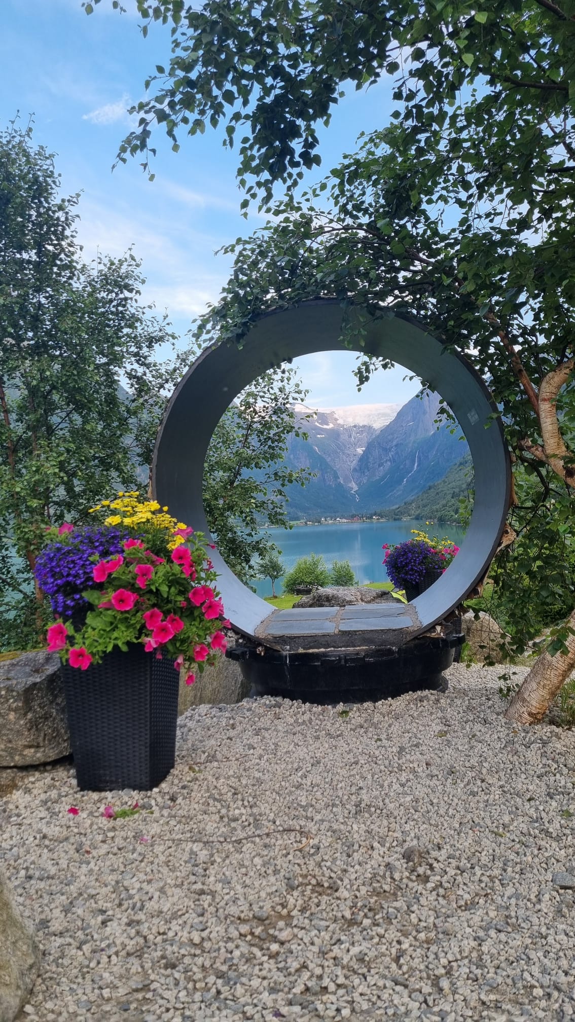 A fjord view framed by flowers in Norway's glacier country
