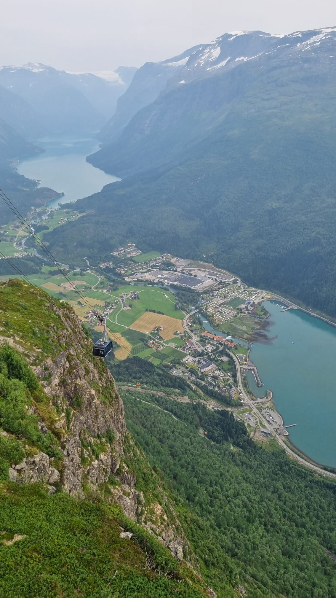 The Loen Skylift cable car climbing high above the fjord