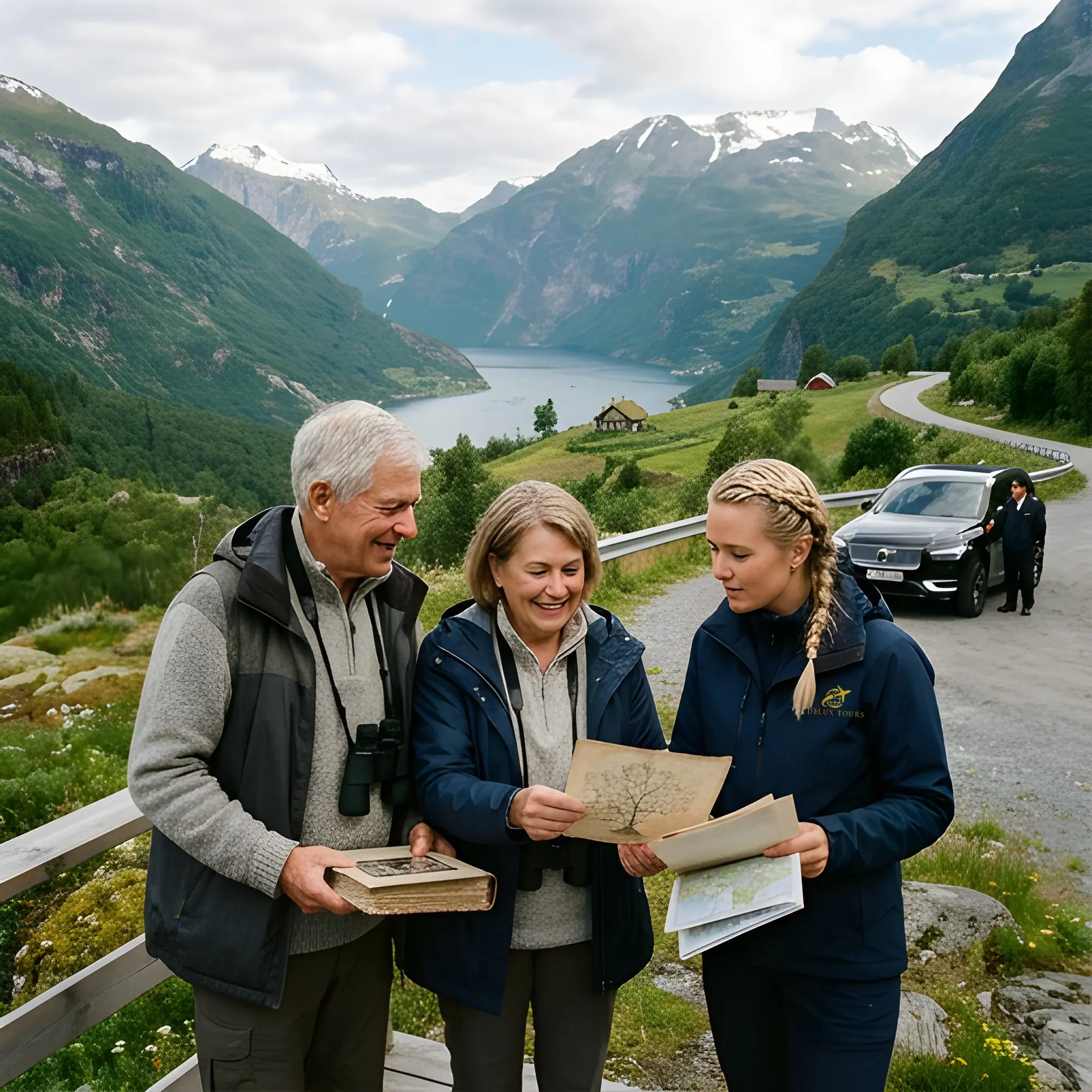A Delux Tours guide shows a family an old family-tree drawing and a map at a viewpoint above a Norwegian fjord