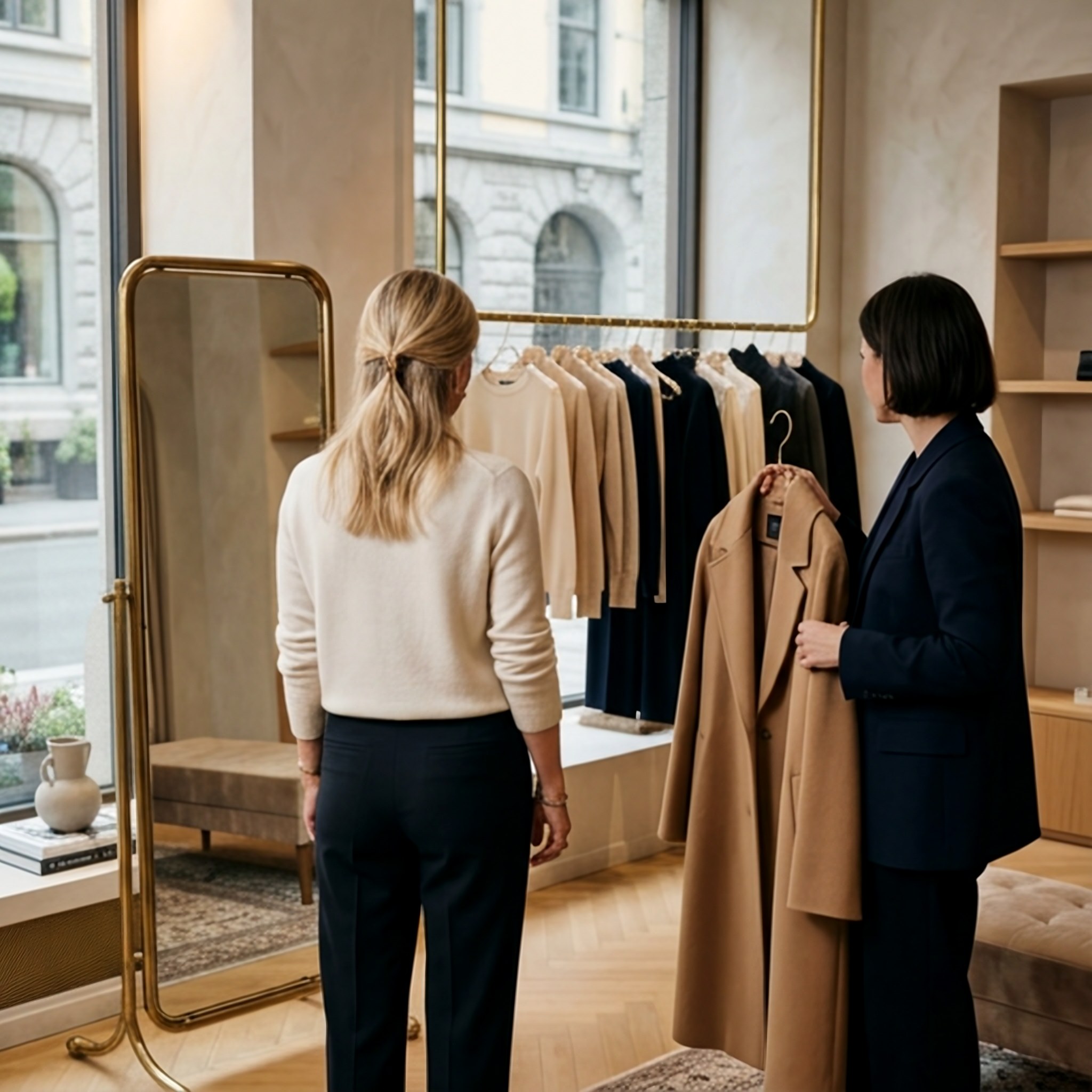 Personal stylist helping a guest choose a coat in an elegant boutique
