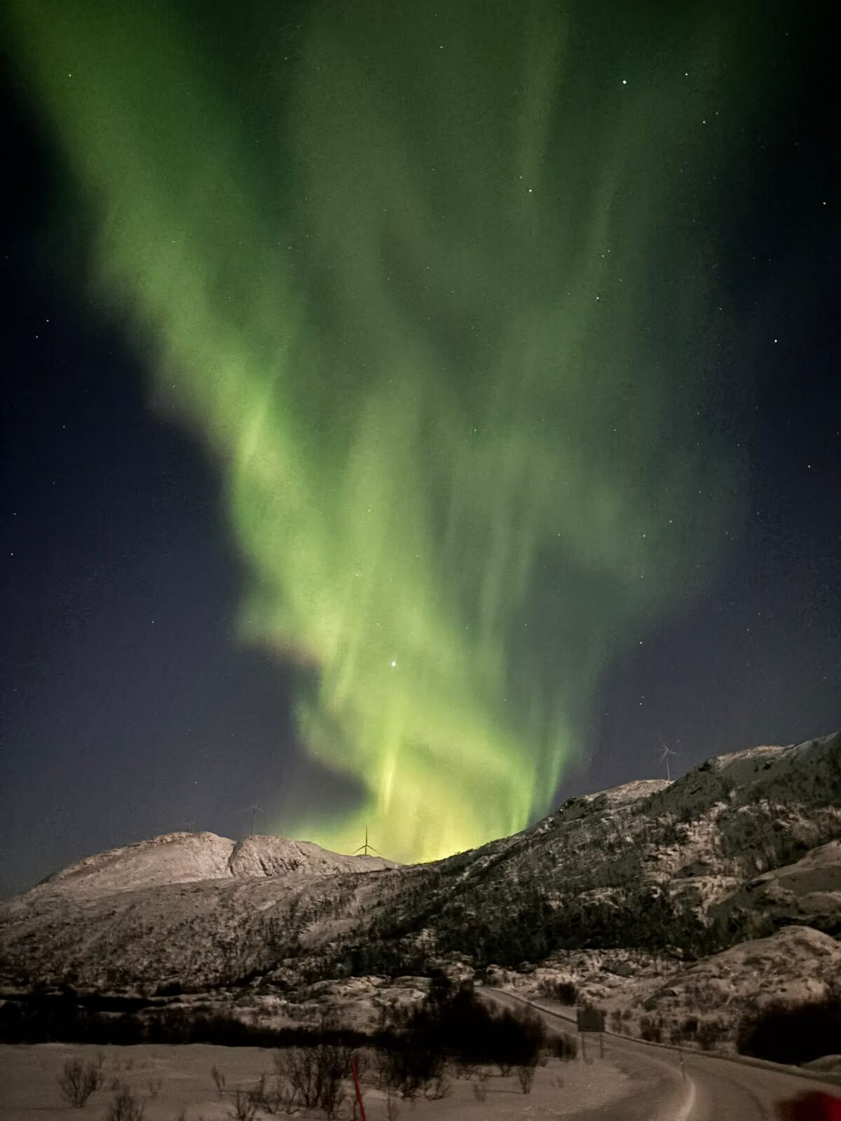 Green aurora curtain above a snow-covered peak and a winding road