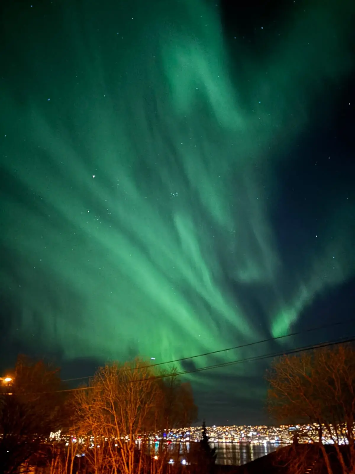 Green northern lights over the city lights of Tromsø